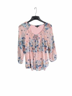 Sara Michelle Peachy Pink Floral Tie-Neck Blouse, Size Medium